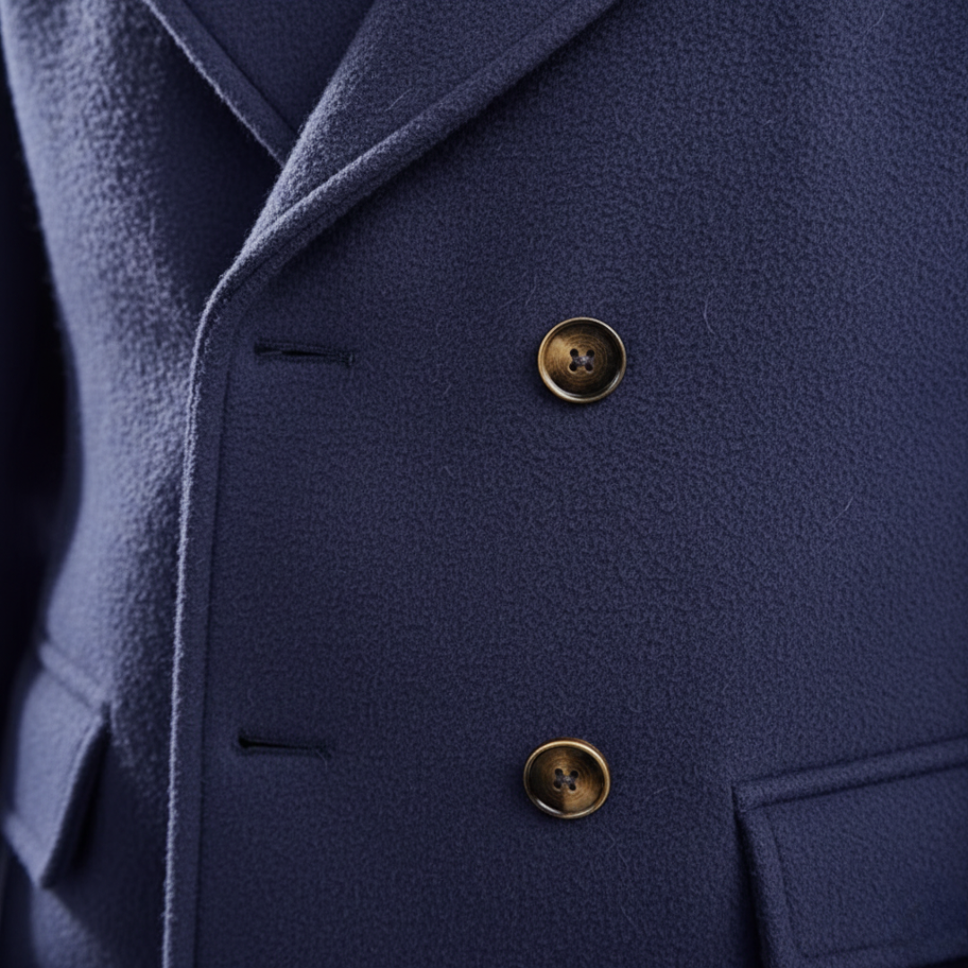 Veste homme double boutonnage à revers noté - coupe longue tailoring, boutons épaules et fente extérieure