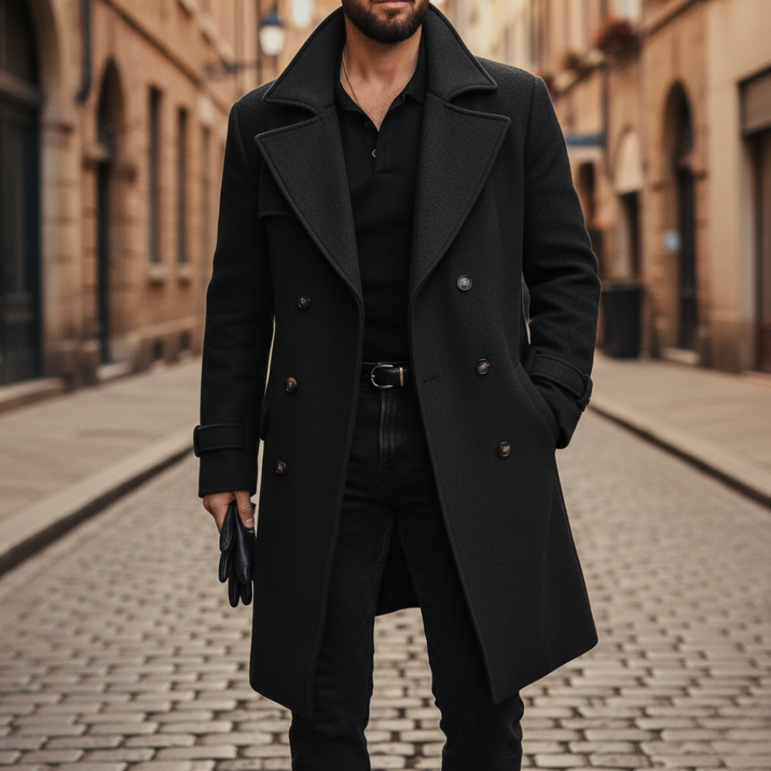 Veste homme double boutonnage à revers noté - coupe longue tailoring, boutons épaules et fente extérieure