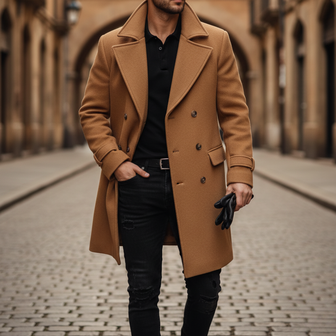 Veste homme double boutonnage à revers noté - coupe longue tailoring, boutons épaules et fente extérieure