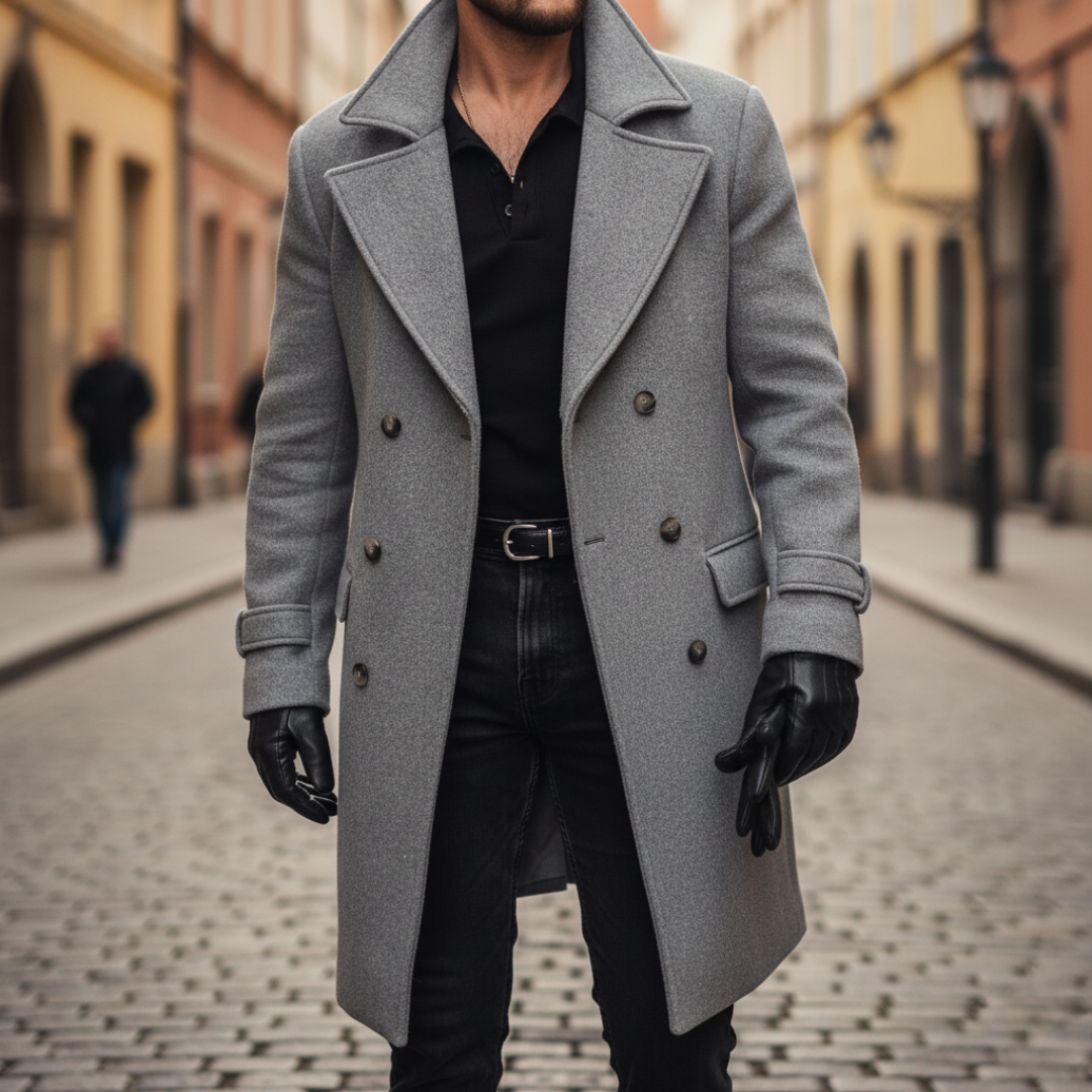 Veste homme double boutonnage à revers noté - coupe longue tailoring, boutons épaules et fente extérieure
