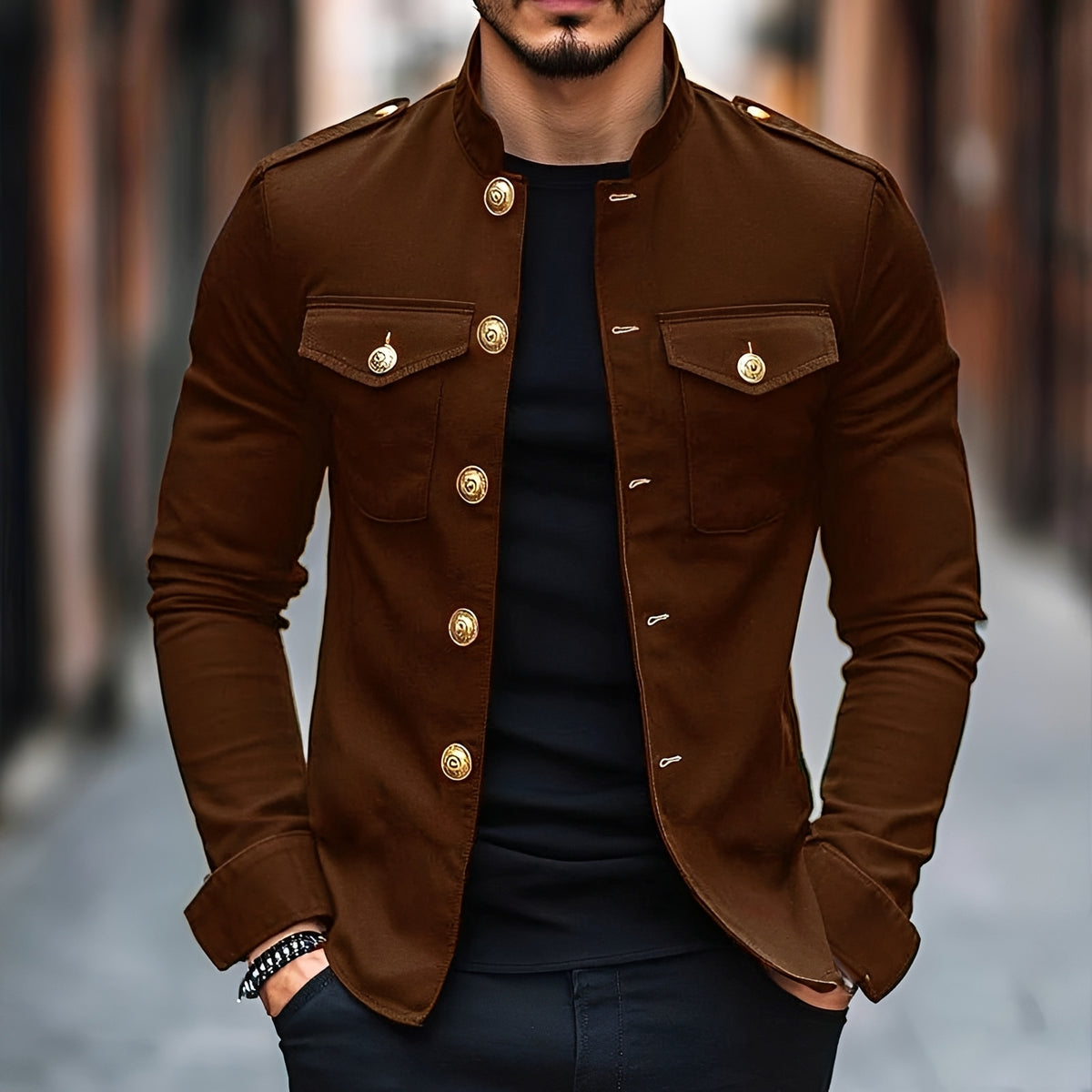Veste homme style militaire à boutons, col montant et longues manches