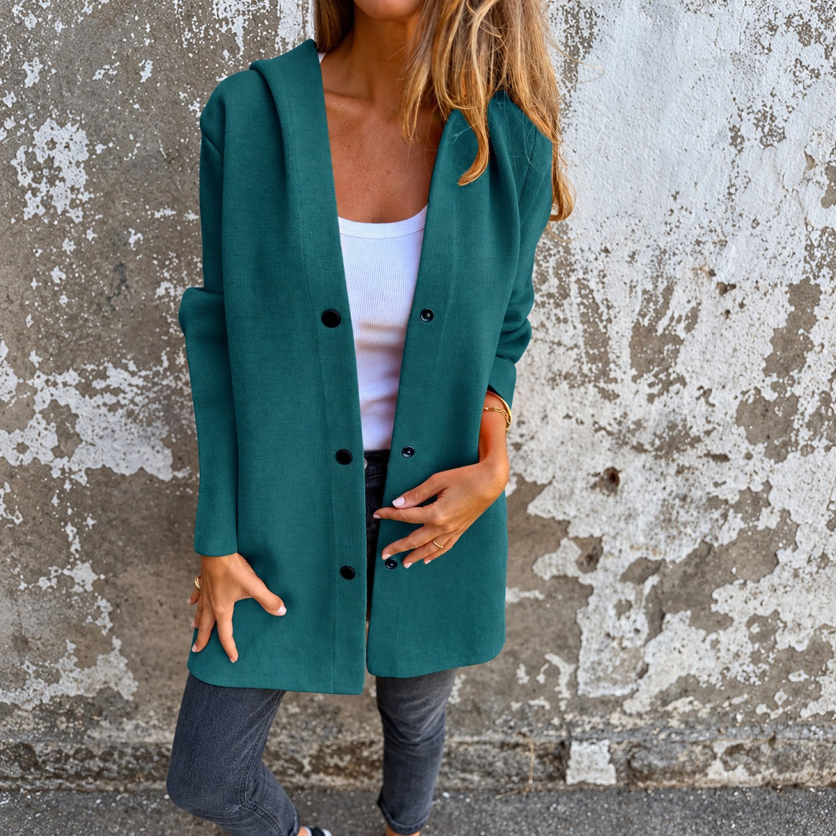 Veste longue à capuche pour femmes, boutonnée, coupe décontractée