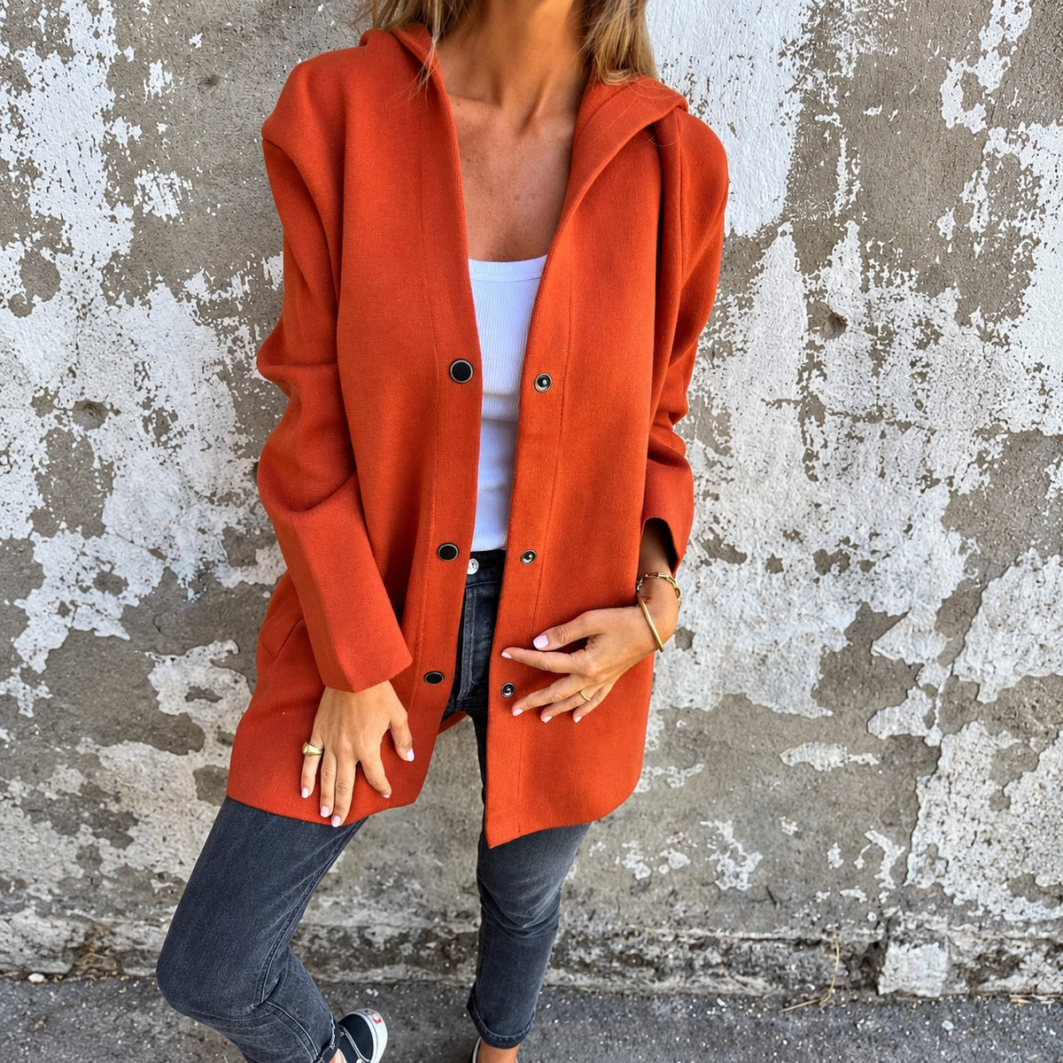 Veste longue à capuche pour femmes, boutonnée, coupe décontractée