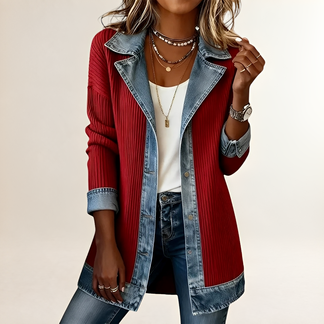 Veste longue femme à côtes verticales et col revers contrasté - fermeture boutonnée, poches à rabat sur les hanches, coupe décontractée