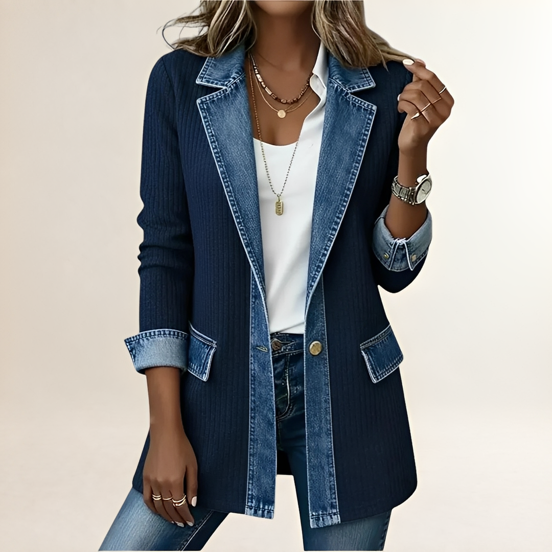 Veste longue femme à côtes verticales et col revers contrasté - fermeture boutonnée, poches à rabat sur les hanches, coupe décontractée