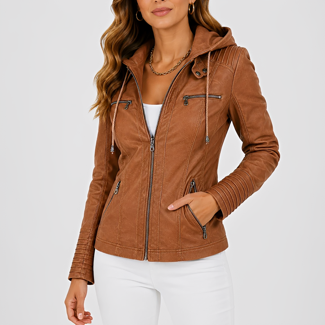 Veste moto femme à capuche - coupe slim, fermeture éclair centrale à double sens et poches zippées poitrine et latérales