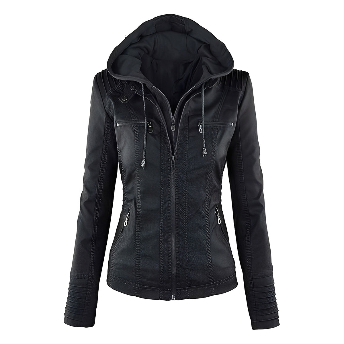 Veste moto femme à capuche - coupe slim, fermeture éclair centrale à double sens et poches zippées poitrine et latérales
