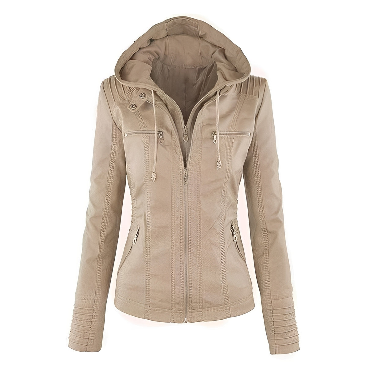 Veste moto femme à capuche - coupe slim, fermeture éclair centrale à double sens et poches zippées poitrine et latérales