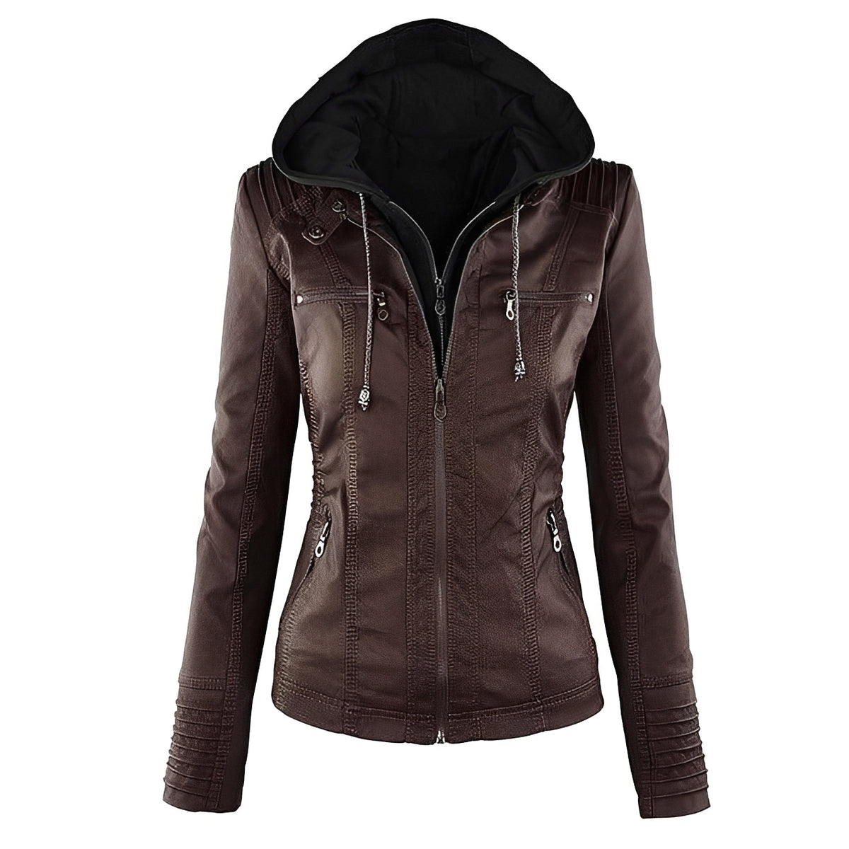 Veste moto femme à capuche - coupe slim, fermeture éclair centrale à double sens et poches zippées poitrine et latérales