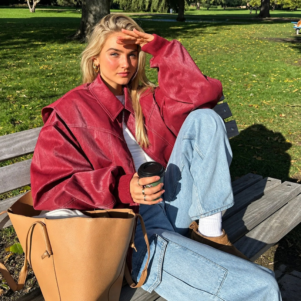 Veste oversize pour femmes à fermeture éclair et coutures contrastées