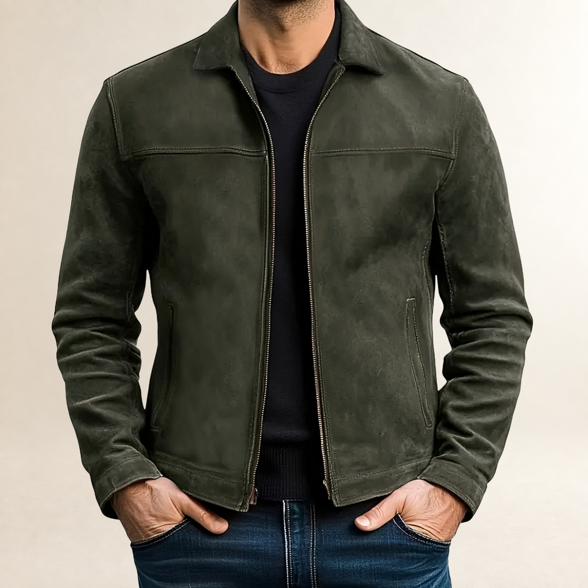Veste pour homme à fermeture éclair ajustée avec surpiqûres contrastantes