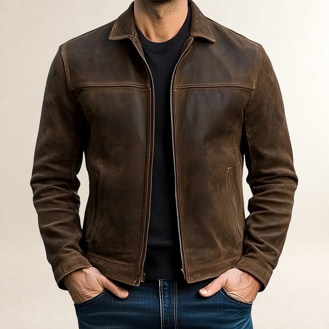 Veste pour homme à fermeture éclair ajustée avec surpiqûres contrastantes