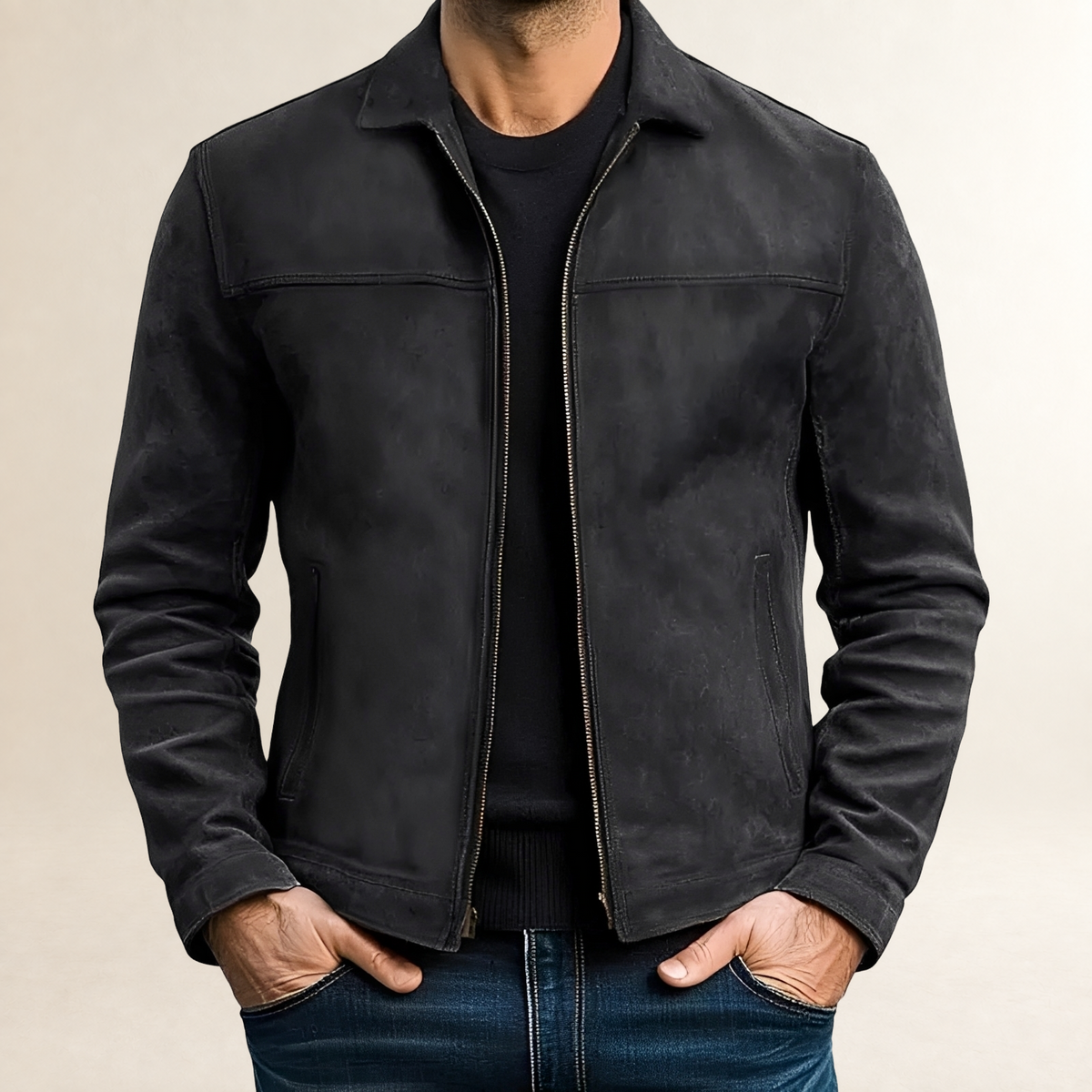 Veste pour homme à fermeture éclair ajustée avec surpiqûres contrastantes