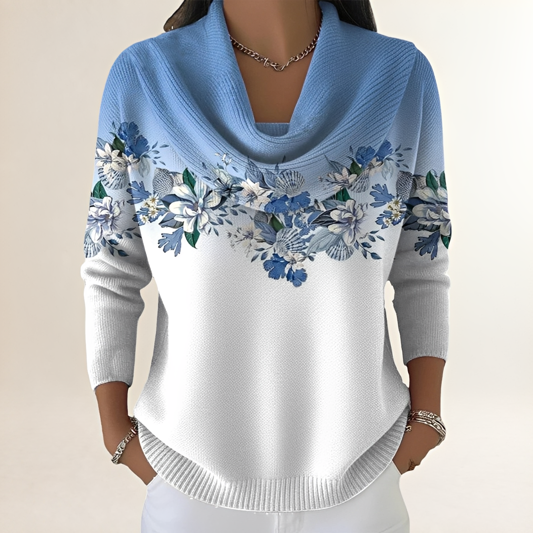 Veste/ Pull femme Col ras du cou drapé et application florale sur yoke à manches longues, coupe décontractée