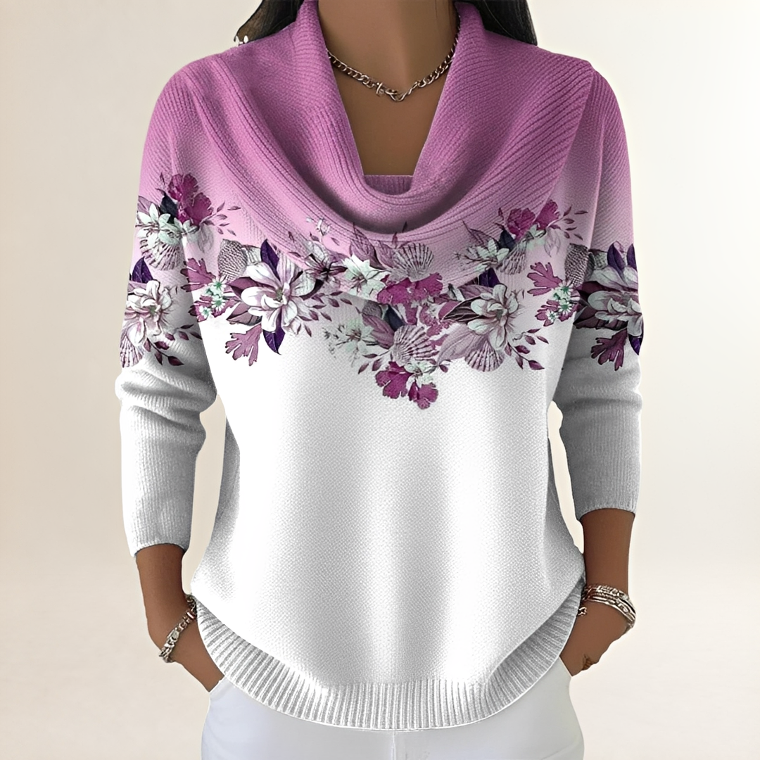 Veste/ Pull femme Col ras du cou drapé et application florale sur yoke à manches longues, coupe décontractée