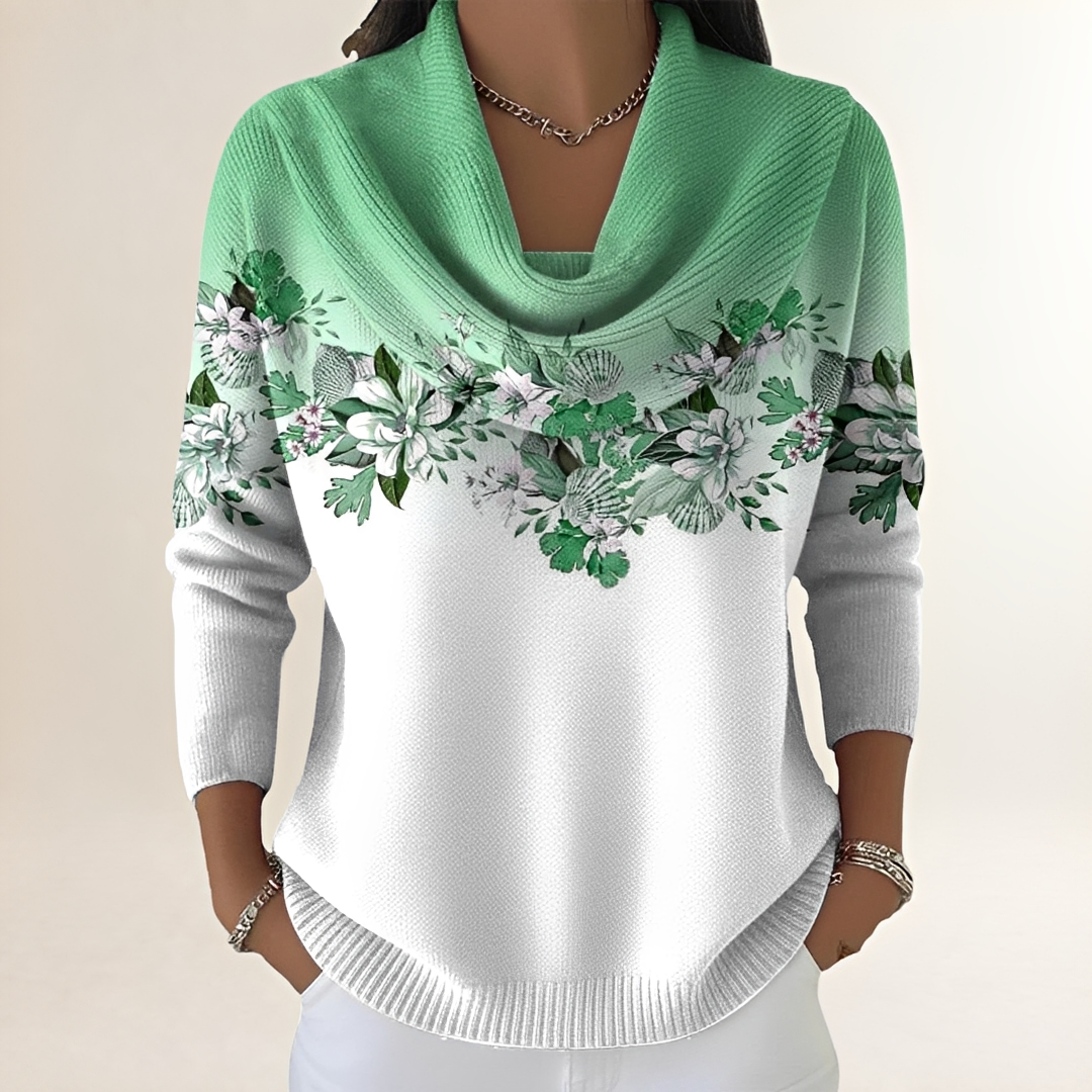 Veste/ Pull femme Col ras du cou drapé et application florale sur yoke à manches longues, coupe décontractée