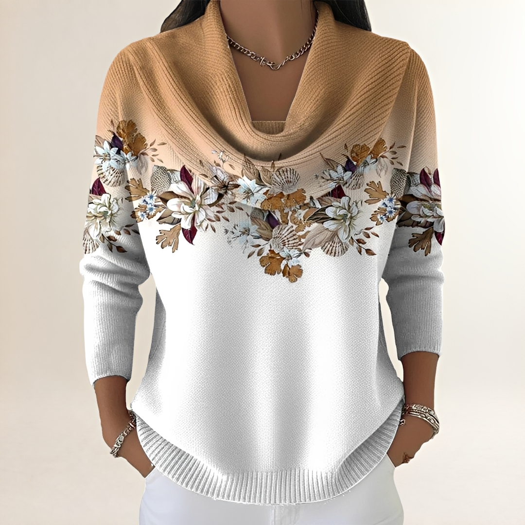 Veste/ Pull femme Col ras du cou drapé et application florale sur yoke à manches longues, coupe décontractée