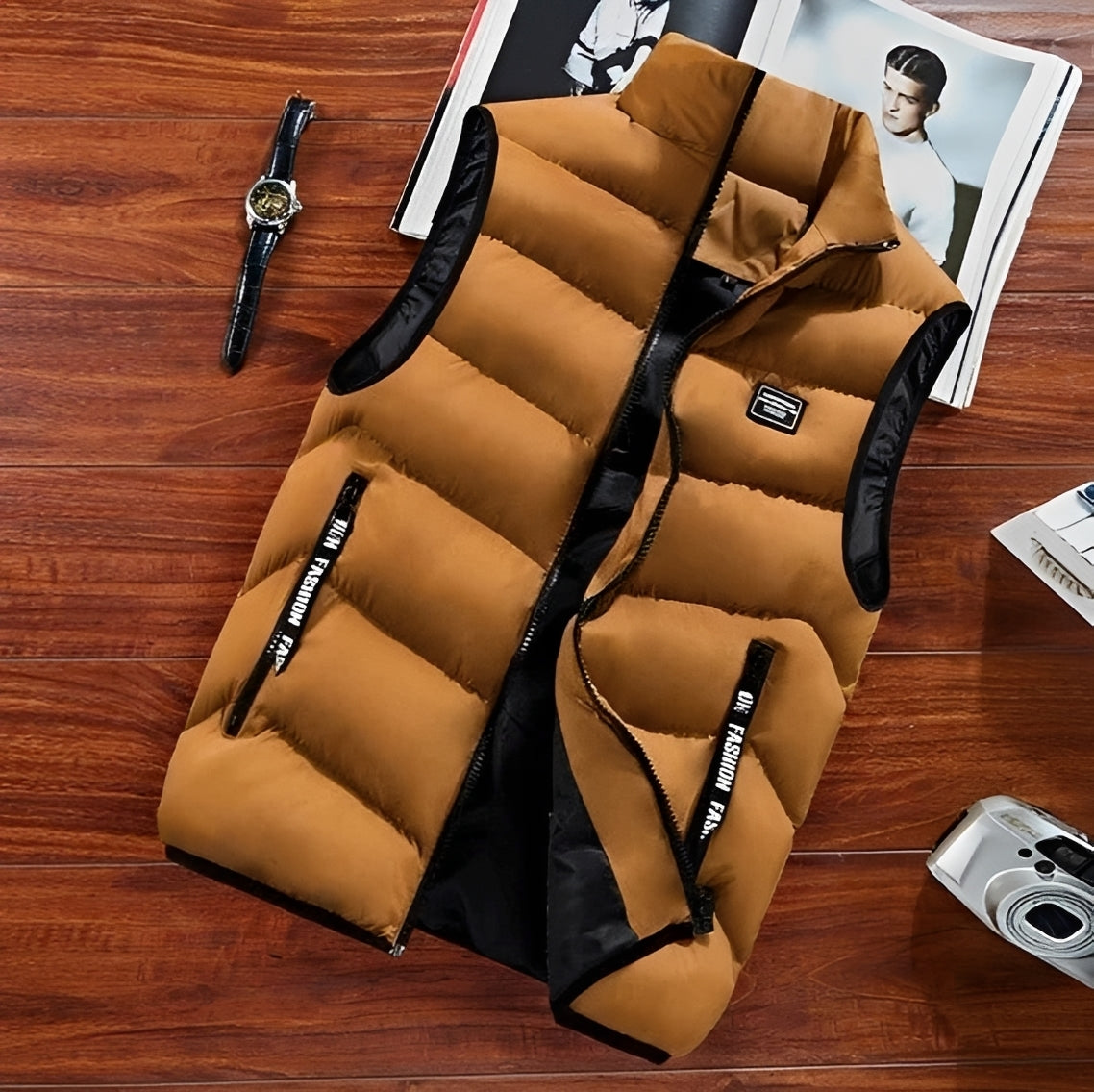 Veste sans manches homme matelassée col montant fermeture éclair plusieurs poches