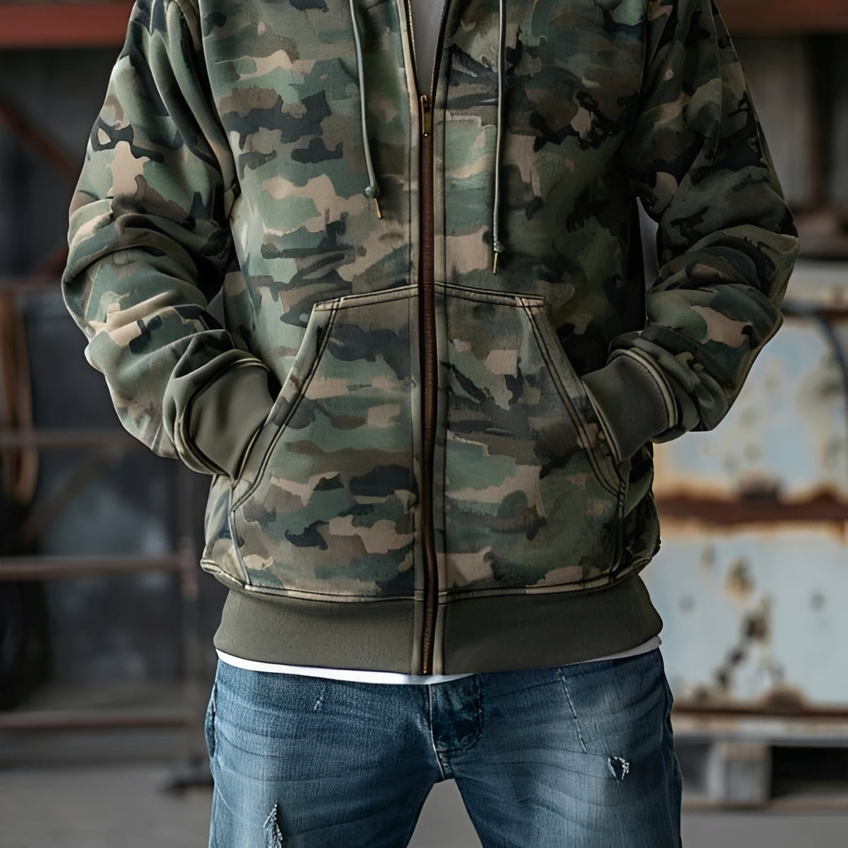 Veste sweat à capuche homme à motif camouflage à fermeture éclair complète