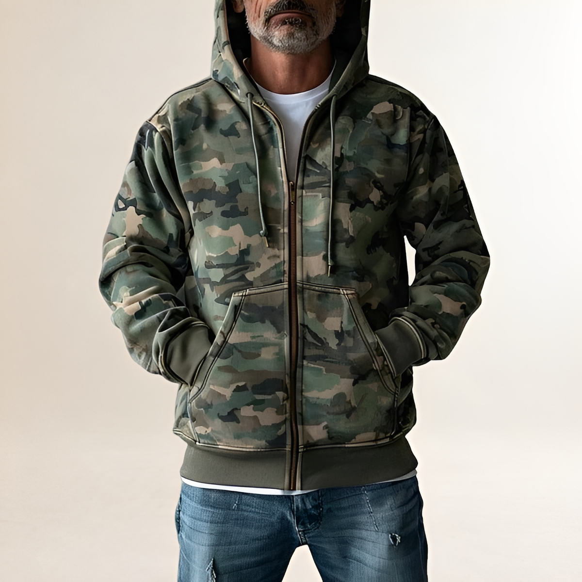 Veste sweat à capuche homme à motif camouflage à fermeture éclair complète