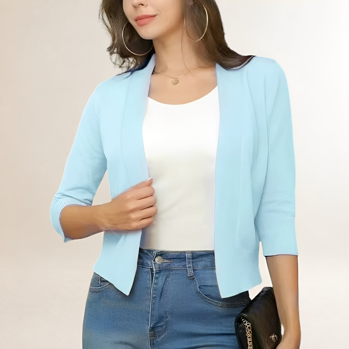 Veste tailleur femme courte sans col ouverte à manches 3/4