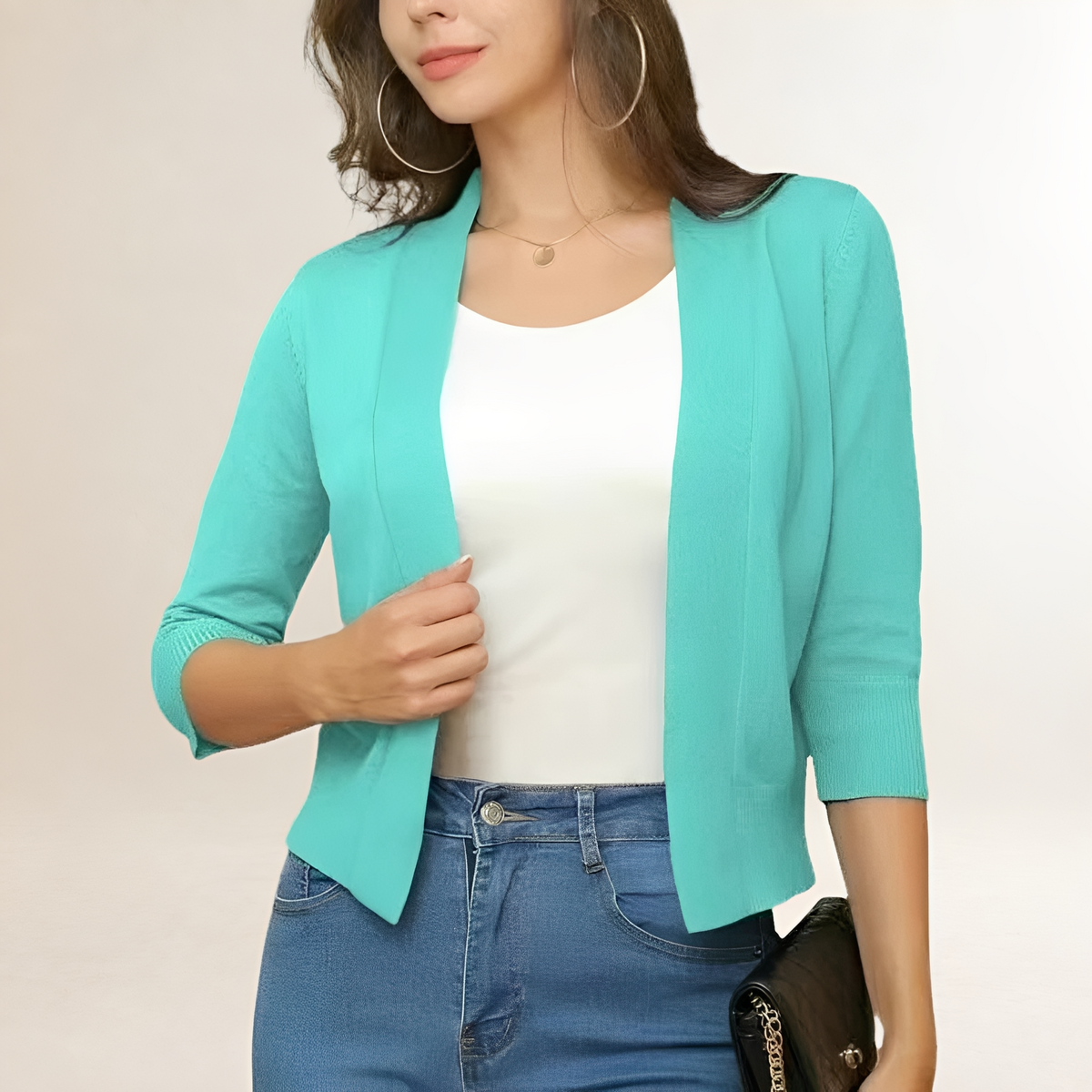 Veste tailleur femme courte sans col ouverte à manches 3/4
