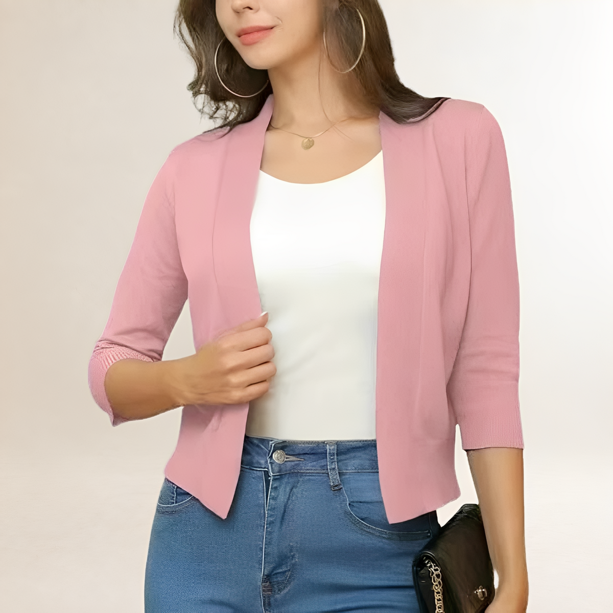 Veste tailleur femme courte sans col ouverte à manches 3/4