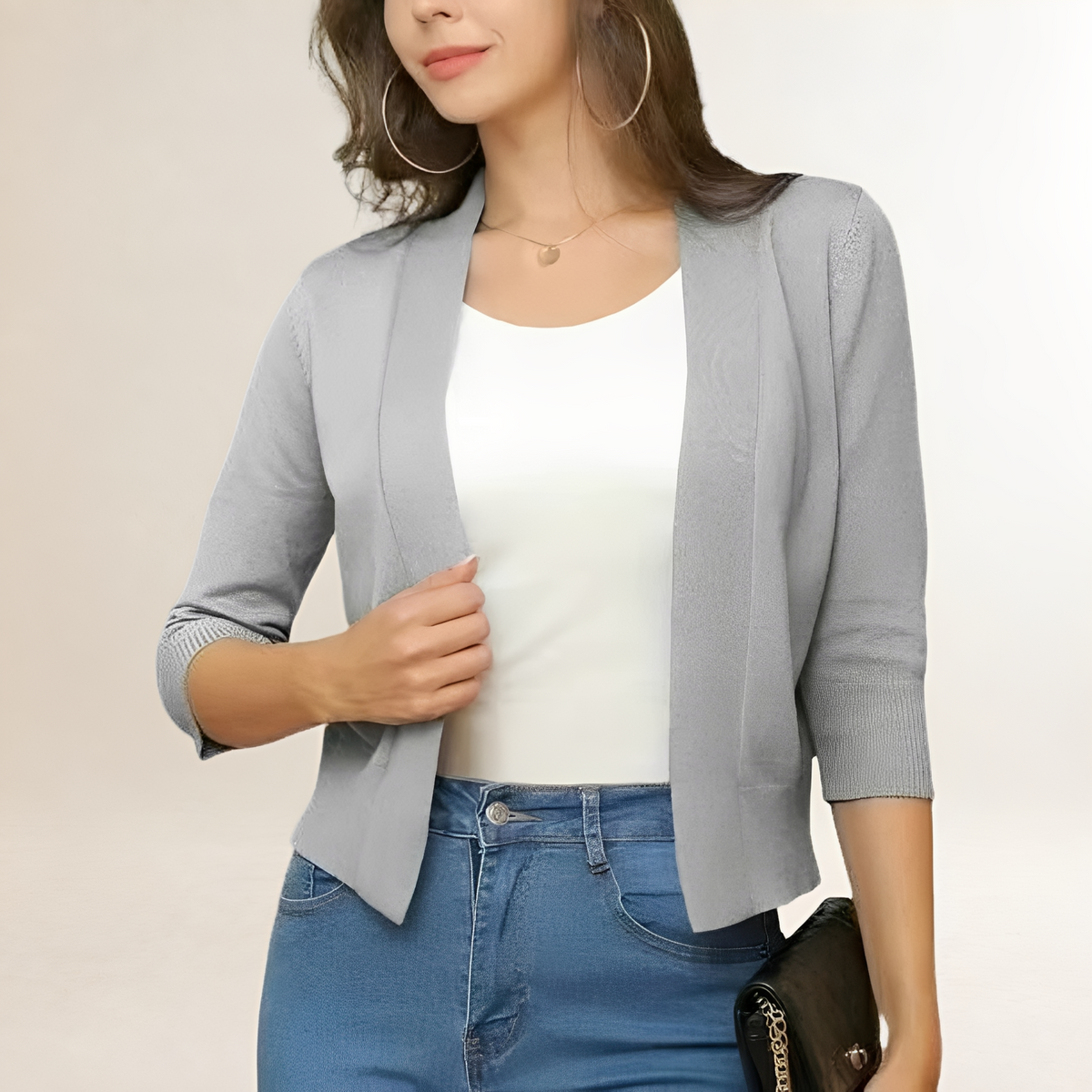 Veste tailleur femme courte sans col ouverte à manches 3/4