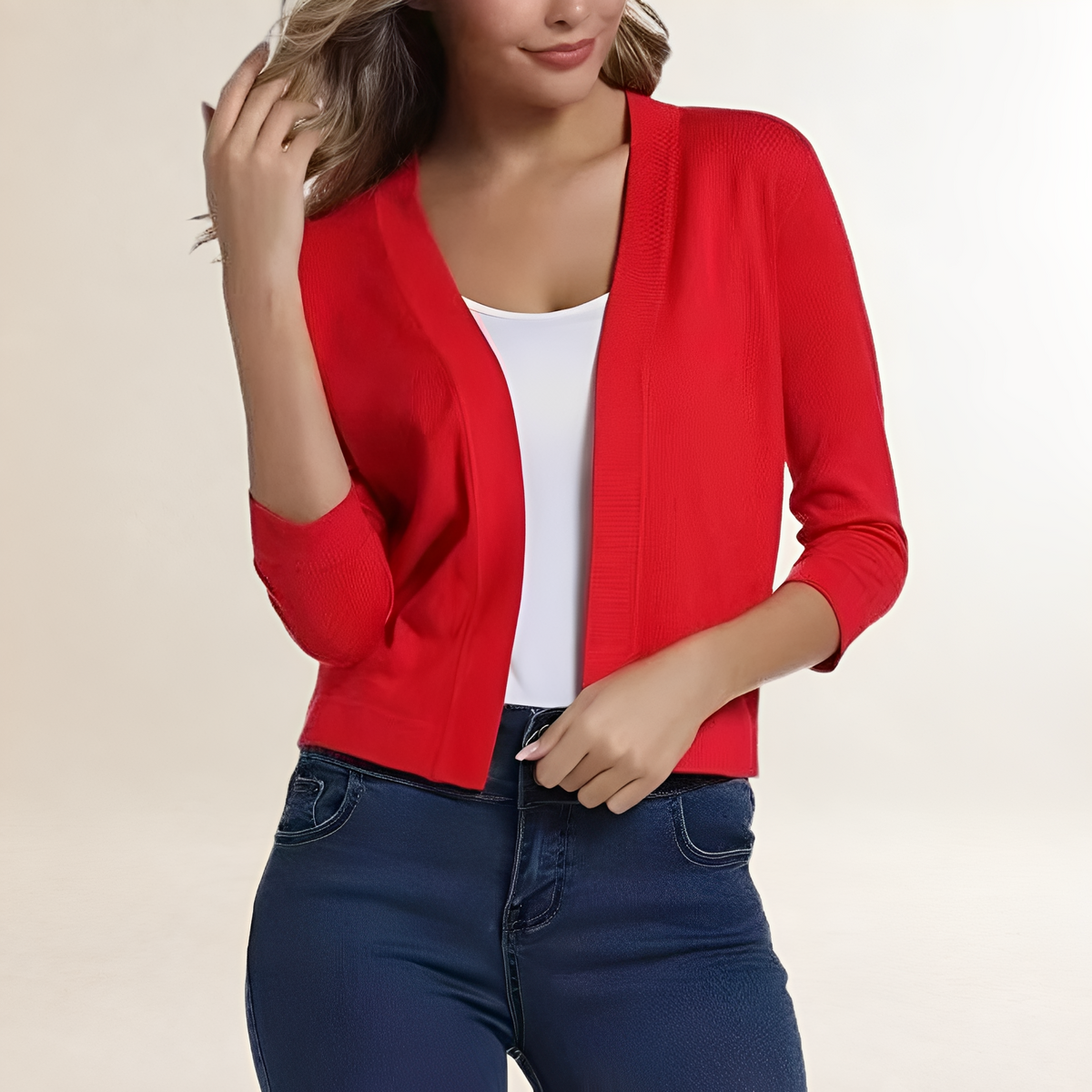 Veste tailleur femme courte sans col ouverte à manches 3/4