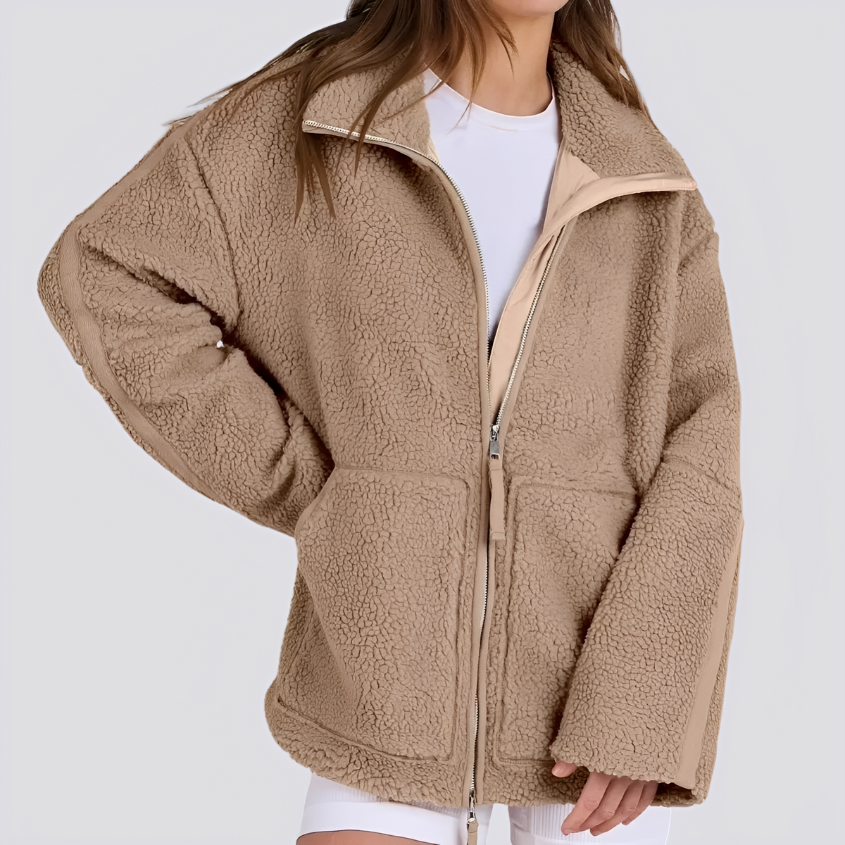 Veste teddy pour femmes coupe oversize avec fermeture éclair et poches