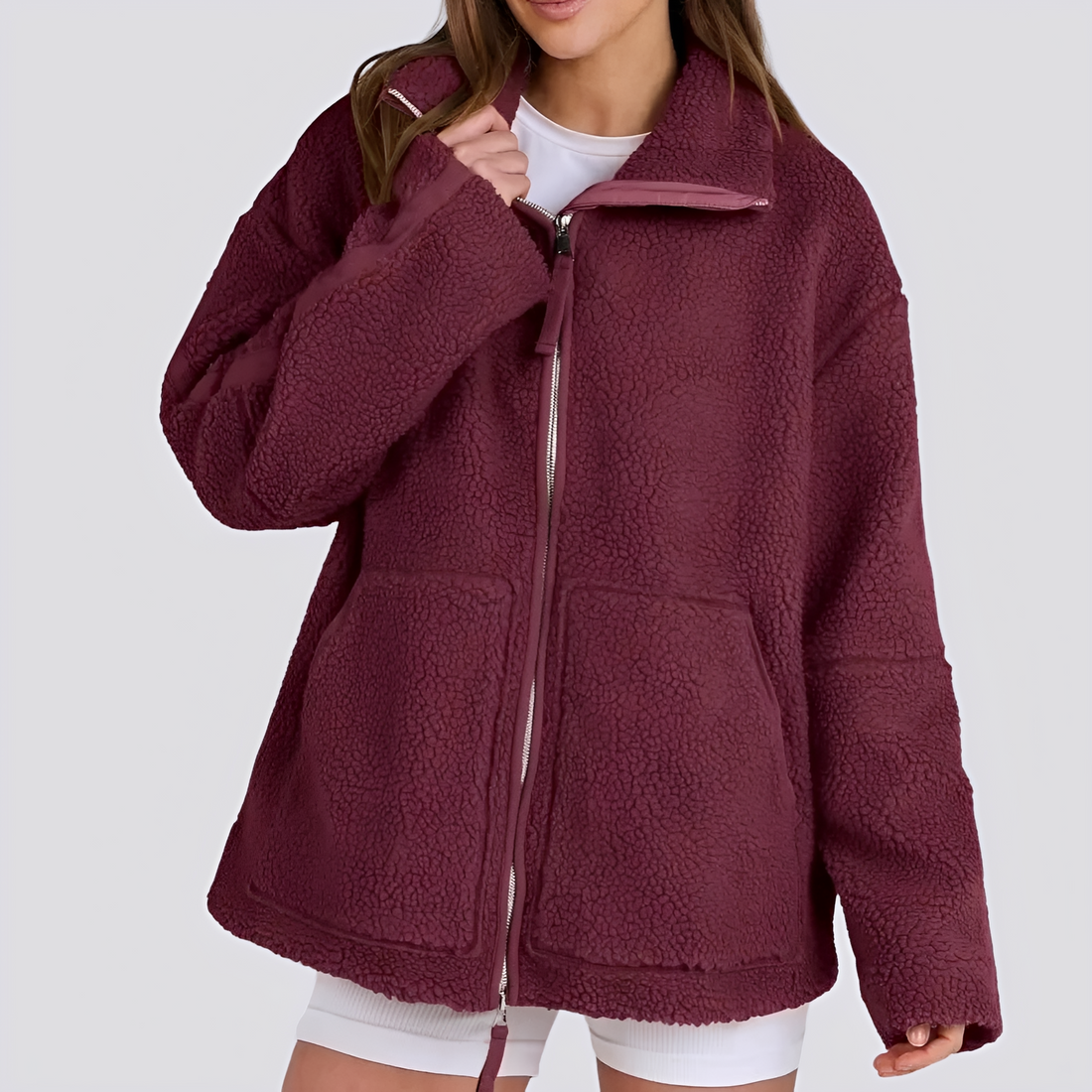 Veste teddy pour femmes coupe oversize avec fermeture éclair et poches