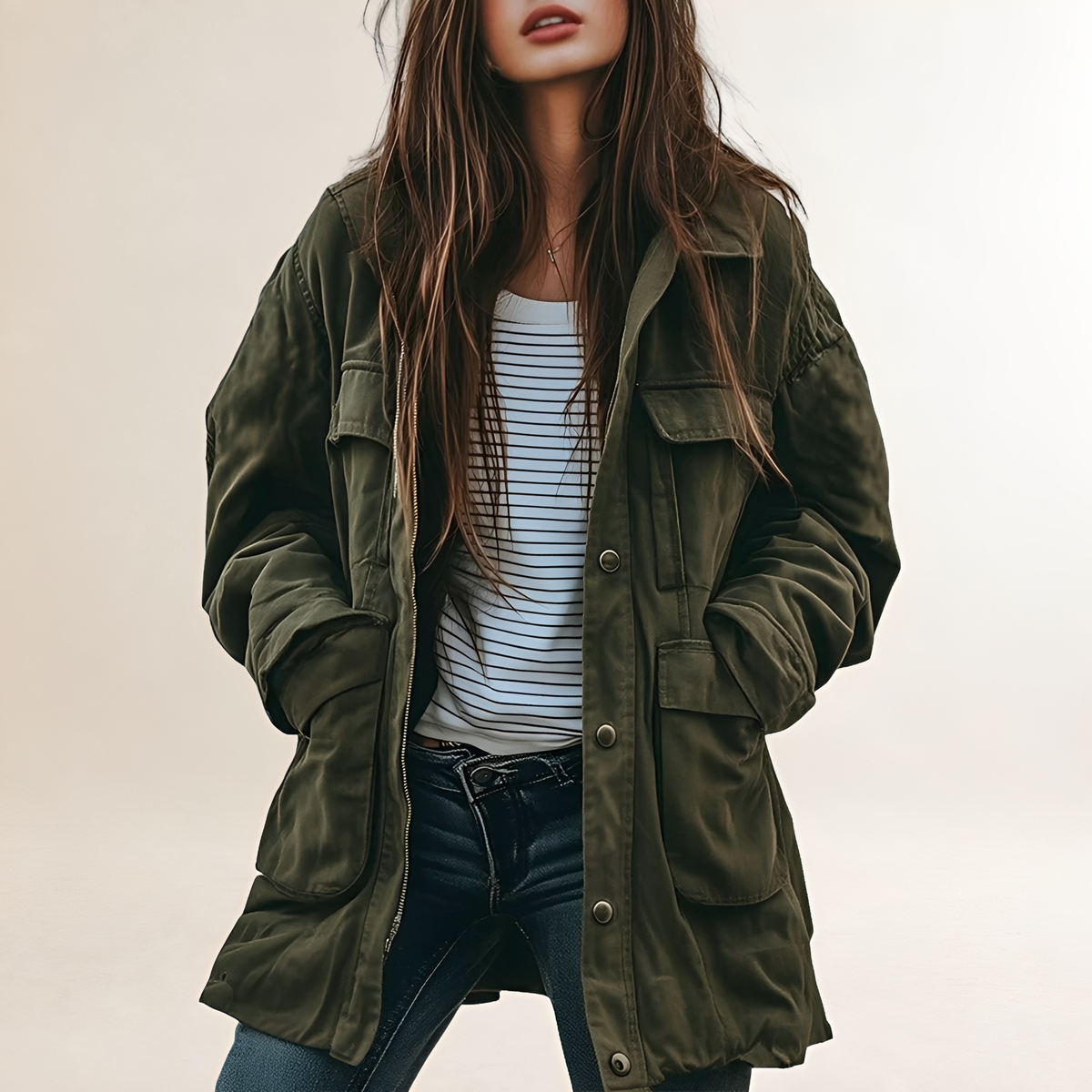 Veste utilitaire pour femmes style militaire avec capuche et poches