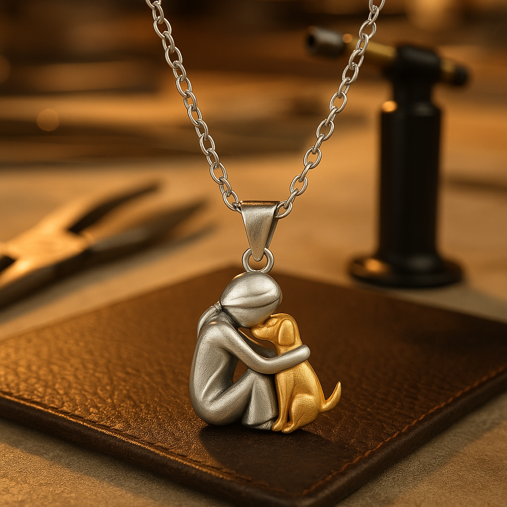 Miwa – Collier avec petite fille et chien en étreinte