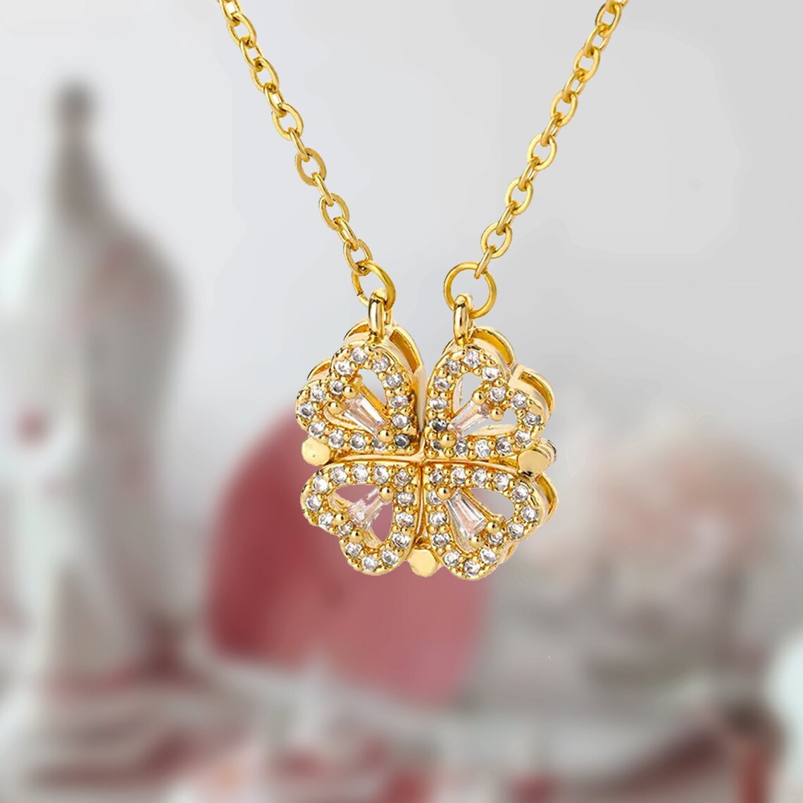 Collier de trèfle à quatre feuilles - Collier magnétique avec cœur