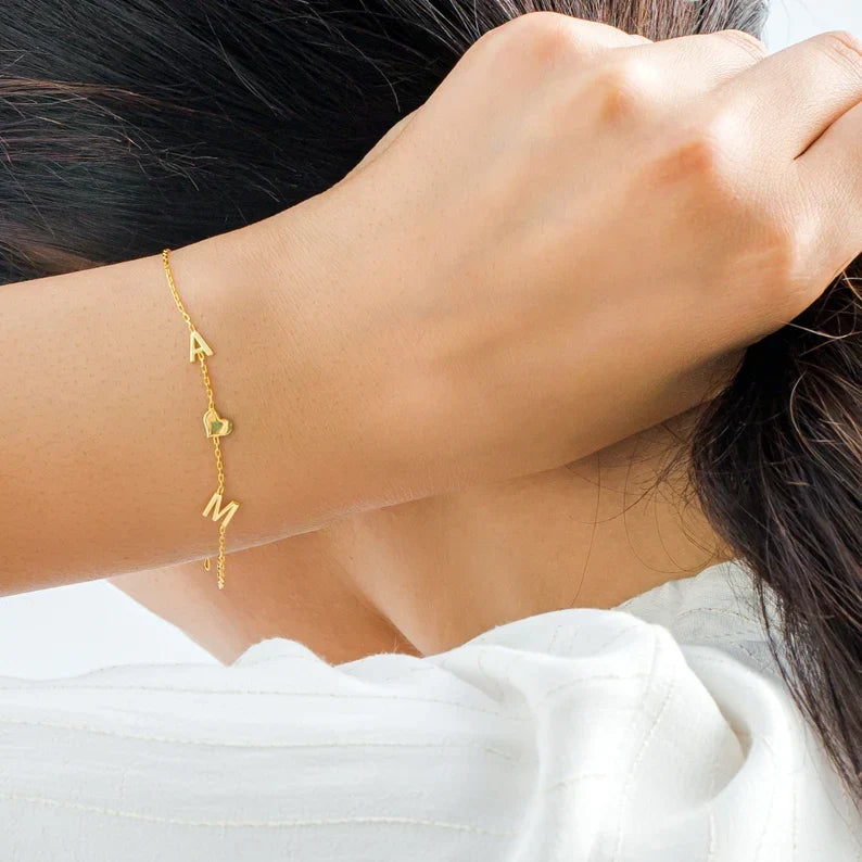 Bracelet Cœur avec Initiales Doubles - Bracelet Cœur d'Amour Double pour Elle