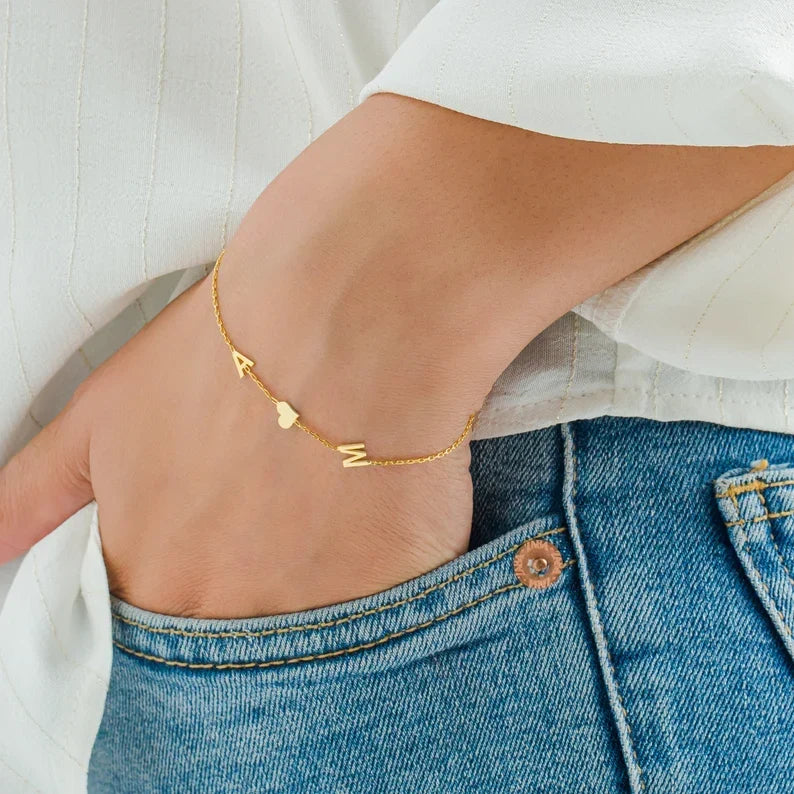 Bracelet Cœur avec Initiales Doubles - Bracelet Cœur d'Amour Double pour Elle