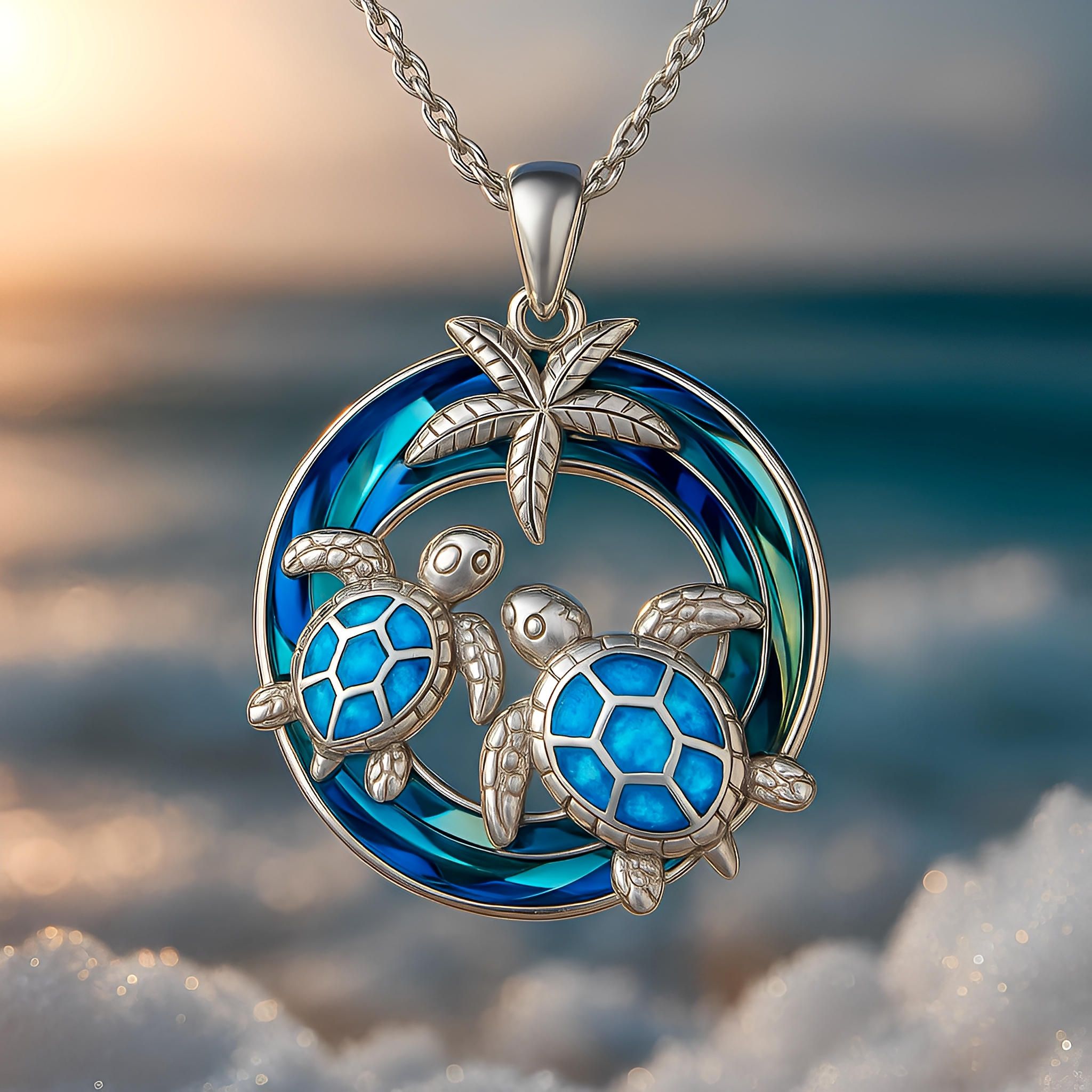 Nolwen – Collier en tortue et palmier avec cercle d'opale