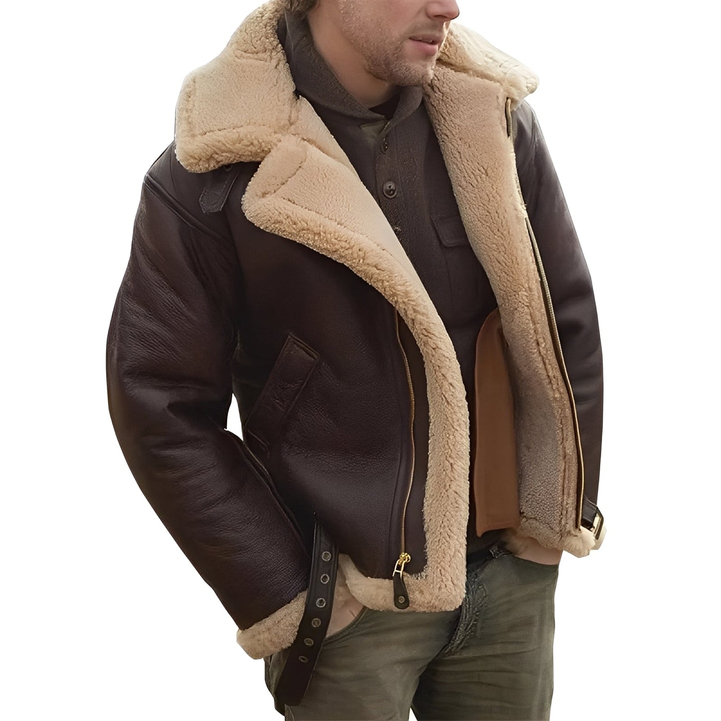 Jeffrey - Veste moderne en cuir avec doublure chaude en sherpa pour hommes