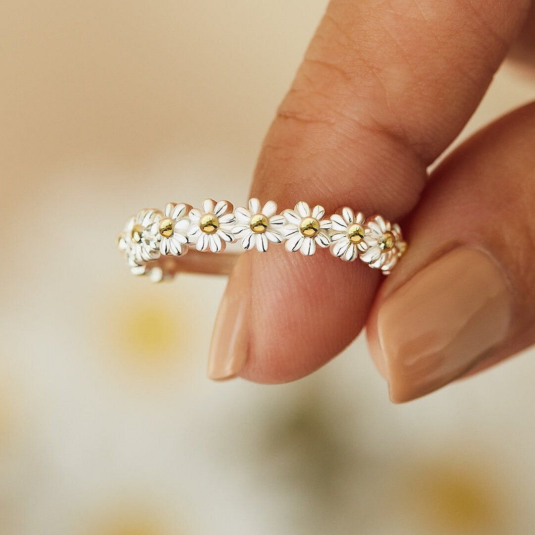 Dahliana – Bague Marguerite en Argent Ajustable et Émail Peint à la Main