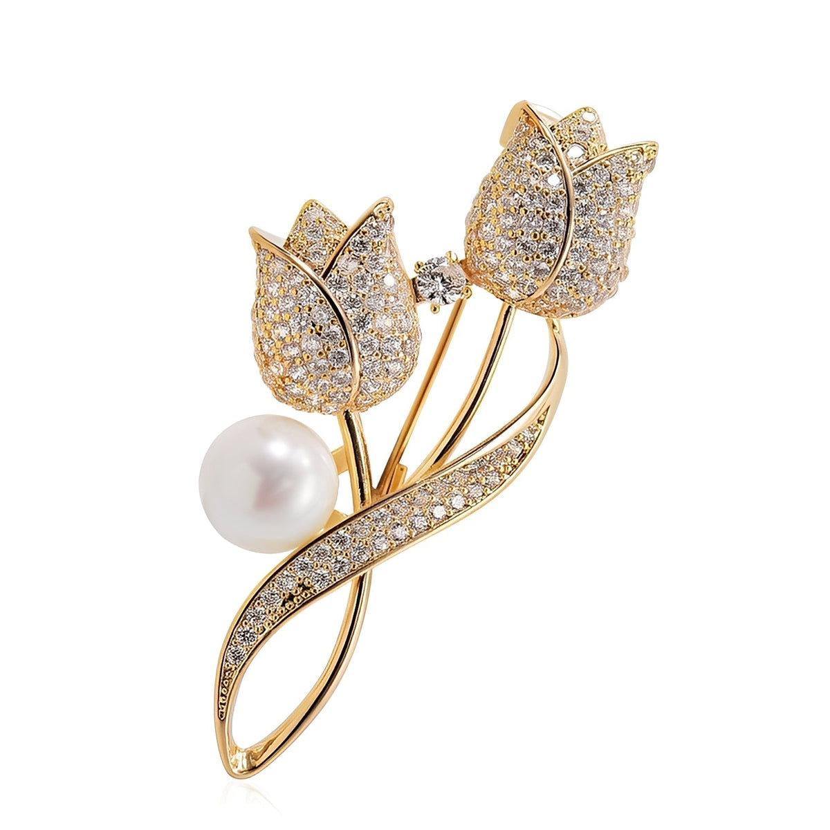 Jackie – Broche de tulipe dorée avec zircon et perle, or