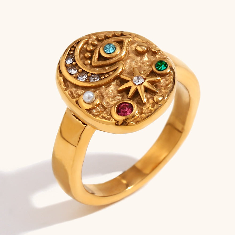 Solenya – Bague en cristal doré avec motif soleil-lune