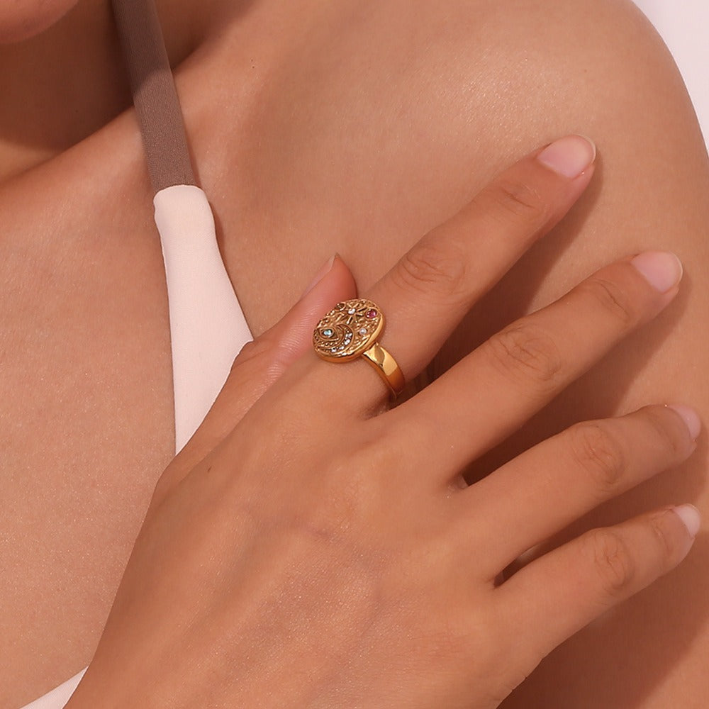 Solenya – Bague en cristal doré avec motif soleil-lune