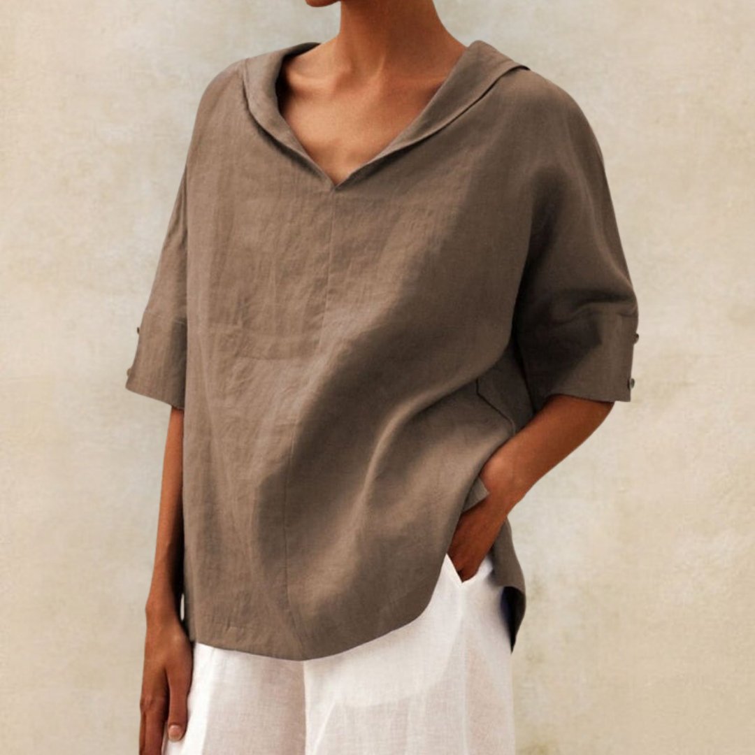 Lena - Linen blouse for women with V-neck collar