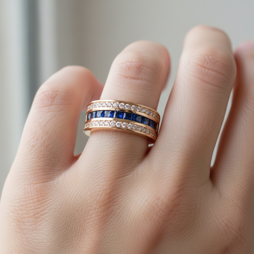 Ronan – Bague homme carrée avec cristaux et saphir doré