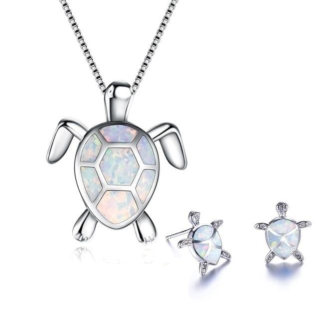 Kailea – Ensemble de bijoux en tortue d'opale et argent (collier + boucles d'oreilles)