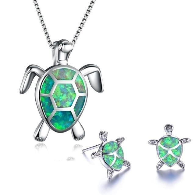 Kailea – Ensemble de bijoux en tortue d'opale et argent (collier + boucles d'oreilles)