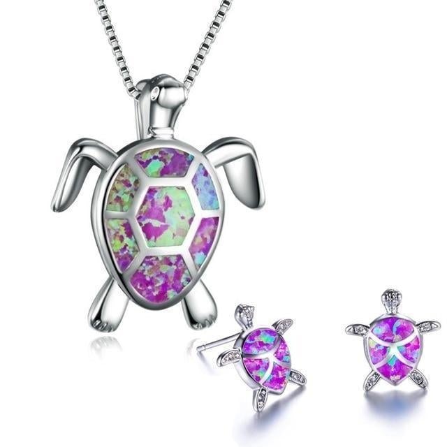 Kailea – Ensemble de bijoux en tortue d'opale et argent (collier + boucles d'oreilles)