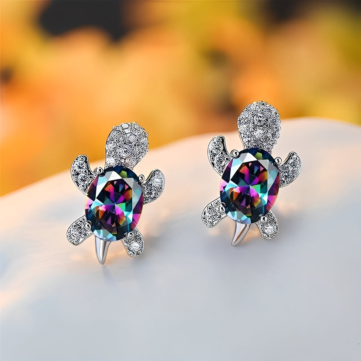 Talia – Boucles d'Oreilles de Tortue Marine en Argent et Zircon